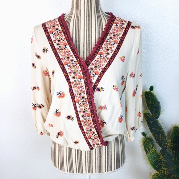 Blue Rain Peasant Boho Crochet Floral Faux Wrap Blouse Top size L - Picture 1 of 15